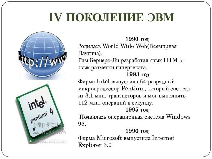 IV ПОКОЛЕНИЕ ЭВМ 1990 год Родилась World Wide Web(Всемирная Паутина).