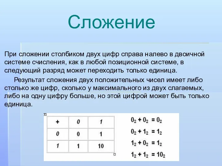 При сложении столбиком двух цифр справа налево в двоичной системе