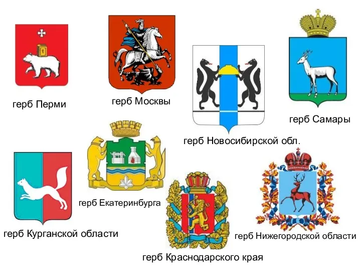 герб Москвы герб Самары герб Перми герб Екатеринбурга герб Новосибирской обл. герб Курганской