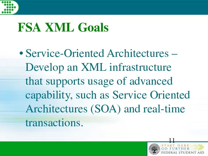 FSA XML Goals Service-Oriented Architectures – Develop an XML infrastructure that supports usage