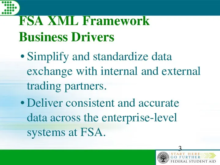 FSA XML Framework Business Drivers Simplify and standardize data exchange with internal and