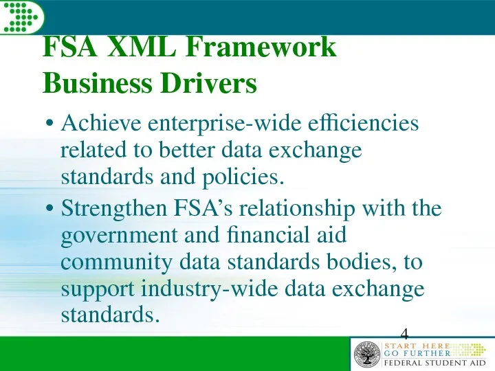 FSA XML Framework Business Drivers Achieve enterprise-wide efficiencies related to better data exchange
