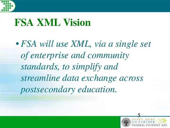 FSA XML Vision FSA will use XML, via a single set of enterprise