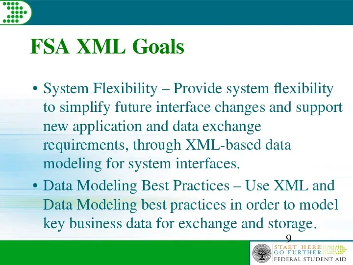 FSA XML Goals System Flexibility – Provide system flexibility to simplify future interface