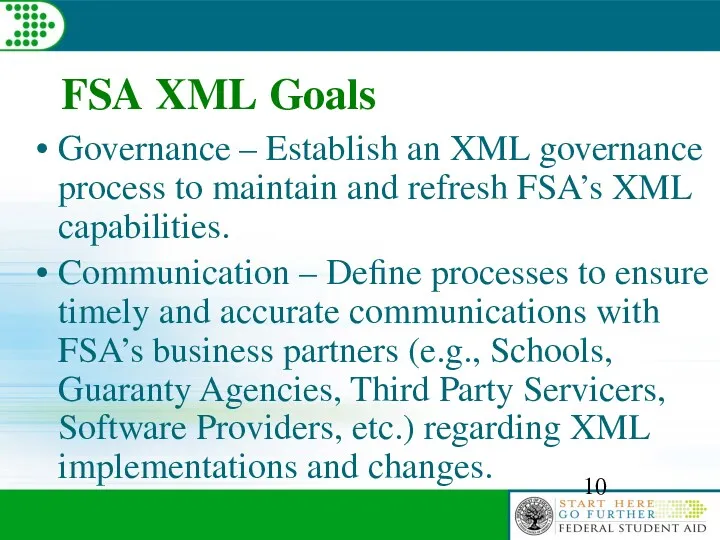 FSA XML Goals Governance – Establish an XML governance process to maintain and