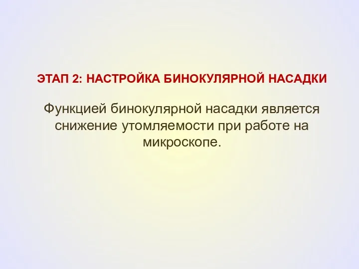 ЭТАП 2: НАСТРОЙКА БИНОКУЛЯРНОЙ НАСАДКИ Функцией бинокулярной насадки является снижение утомляемости при работе на микроскопе.