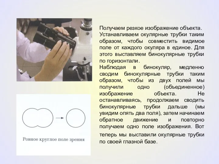 Получаем резкое изображение объекта. Устанавливаем окулярные трубки таким образом, чтобы