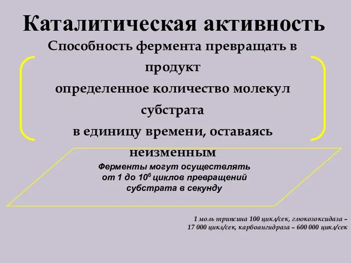 Каталитическая активность Способность фермента превращать в продукт определенное количество молекул