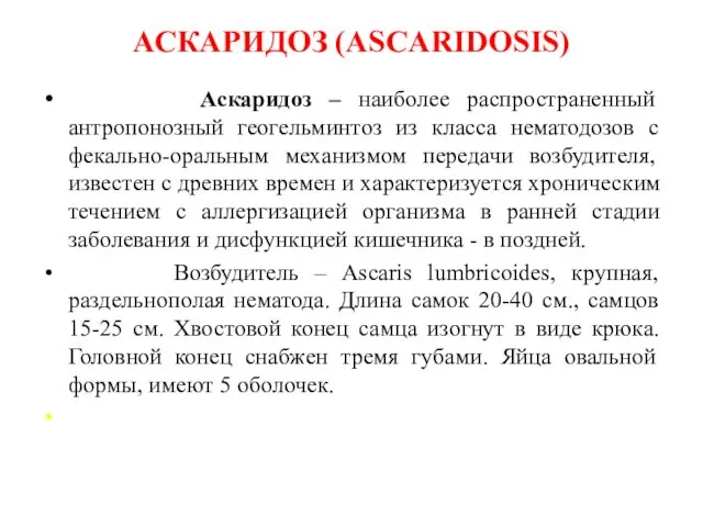 АСКАРИДОЗ (ASCARIDOSIS) Аскаридоз – наиболее распространенный антропонозный геогельминтоз из класса