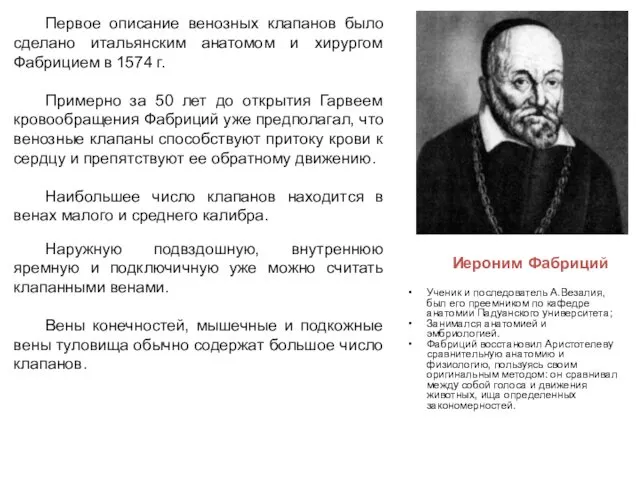 Первое описание венозных клапанов было сделано итальянским анатомом и хирургом