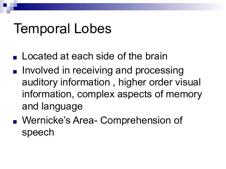 Temporal Lobes Located at each side of the brain Involved