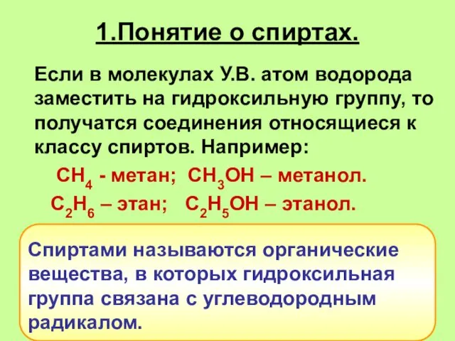 1.Понятие о спиртах. Если в молекулах У.В. атом водорода заместить