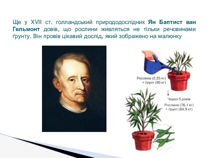 Ще у XVII ст. голландський природодослідник Ян Баптист ван Гельмонт довів, що рослини
