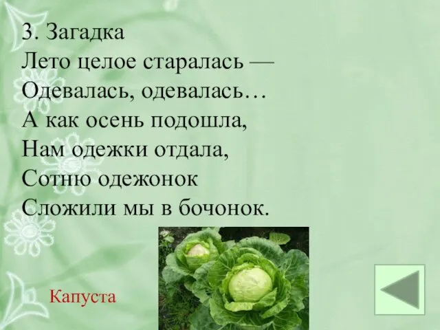 3. Загадка Лето целое старалась — Одевалась, одевалась… А как