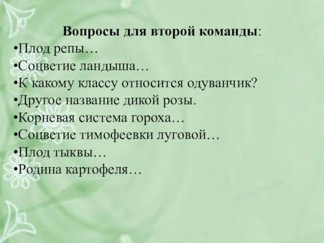 Вопросы для второй команды: Плод репы… Соцветие ландыша… К какому