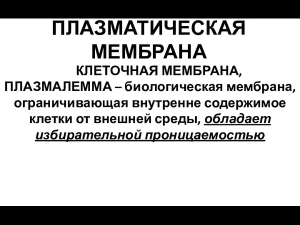 КЛЕТОЧНАЯ МЕМБРАНА, ПЛАЗМАЛЕММА – биологическая мембрана, ограничивающая внутренне содержимое клетки