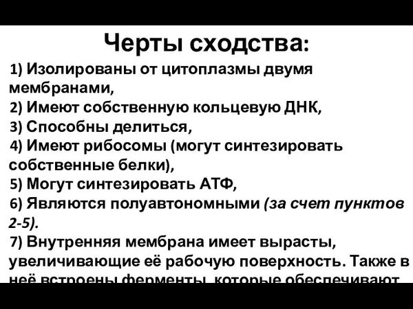 Черты сходства: 1) Изолированы от цитоплазмы двумя мембранами, 2) Имеют