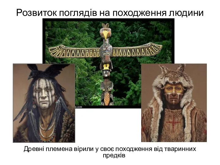 Розвиток поглядів на походження людини Древні племена вірили у своє походження від тваринних предків
