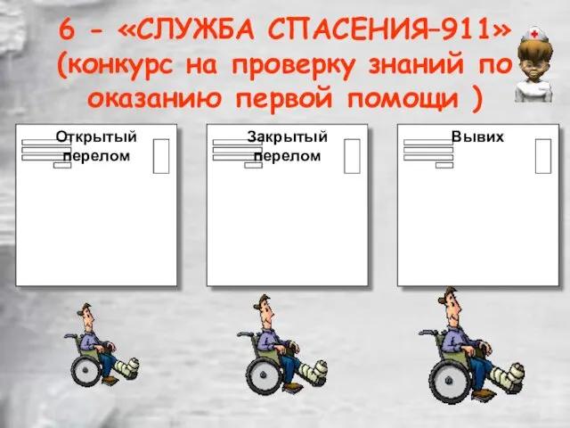 6 - «СЛУЖБА СПАСЕНИЯ–911» (конкурс на проверку знаний по оказанию первой помощи )