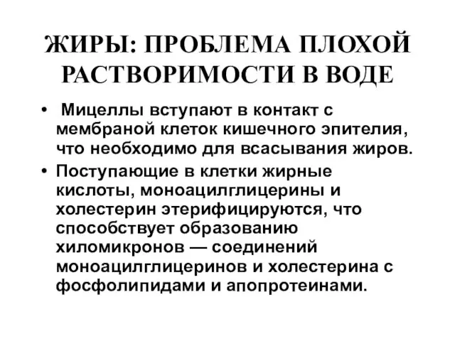 ЖИРЫ: ПРОБЛЕМА ПЛОХОЙ РАСТВОРИМОСТИ В ВОДЕ Мицеллы вступают в контакт с мембраной клеток