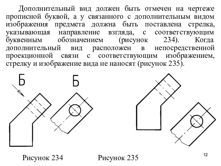 Дополнительный вид должен быть отмечен на чертеже прописной буквой, а