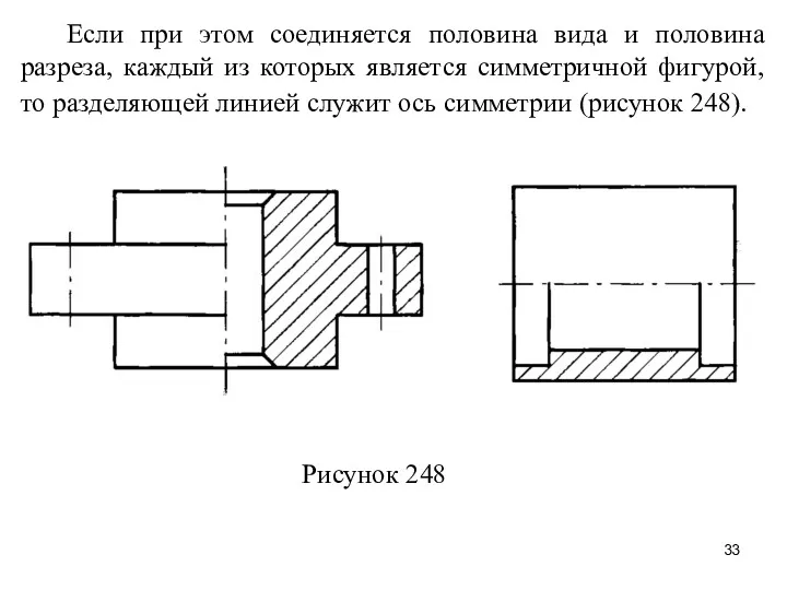 Если при этом соединяется половина вида и половина разреза, каждый