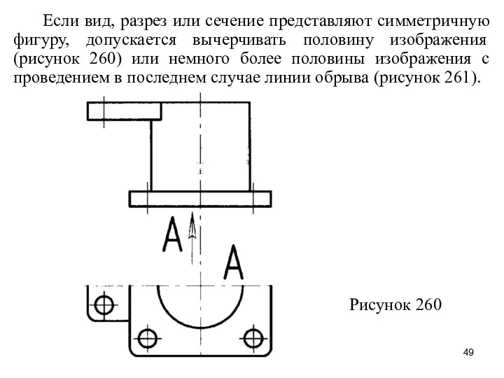 Если вид, разрез или сечение представляют симметричную фигуру, допускается вычерчивать