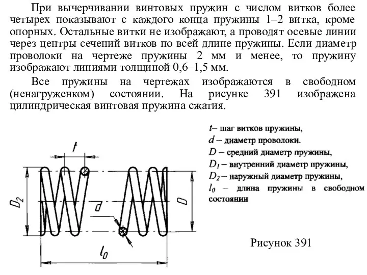 При вычерчивании винтовых пружин с числом витков более четырех показывают