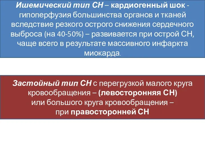 Ишемический тип СН – кардиогенный шок - гипоперфузия большинства органов