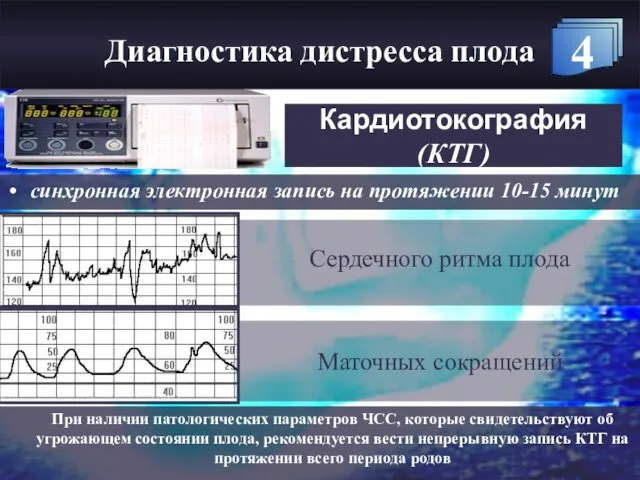 Кардиотокография (КТГ) Сердечного ритма плода Маточных сокращений синхронная электронная запись на протяжении 10-15