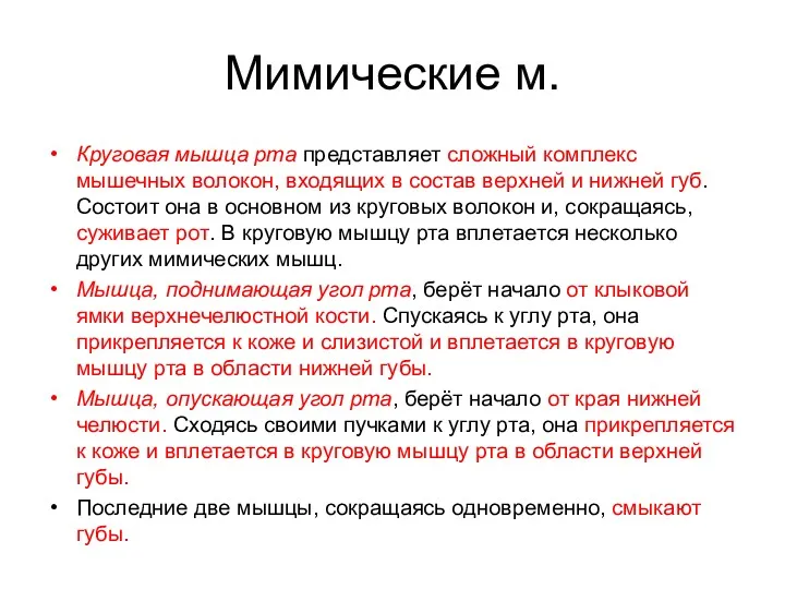 Мимические м. Круговая мышца рта представляет сложный комплекс мышечных волокон,