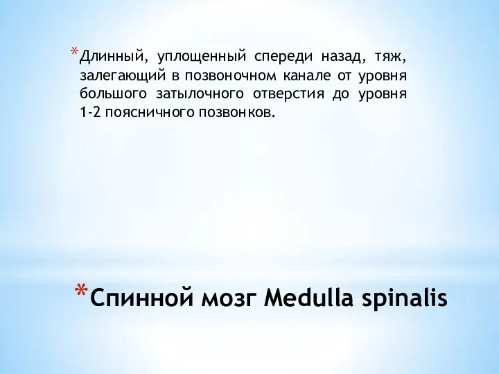Спинной мозг Medulla spinalis Длинный, уплощенный спереди назад, тяж, залегающий в позвоночном канале