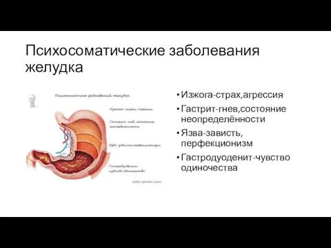 Психосоматические заболевания желудка Изжога-страх,агрессия Гастрит-гнев,состояние неопределённости Язва-зависть,перфекционизм Гастродуоденит-чувство одиночества