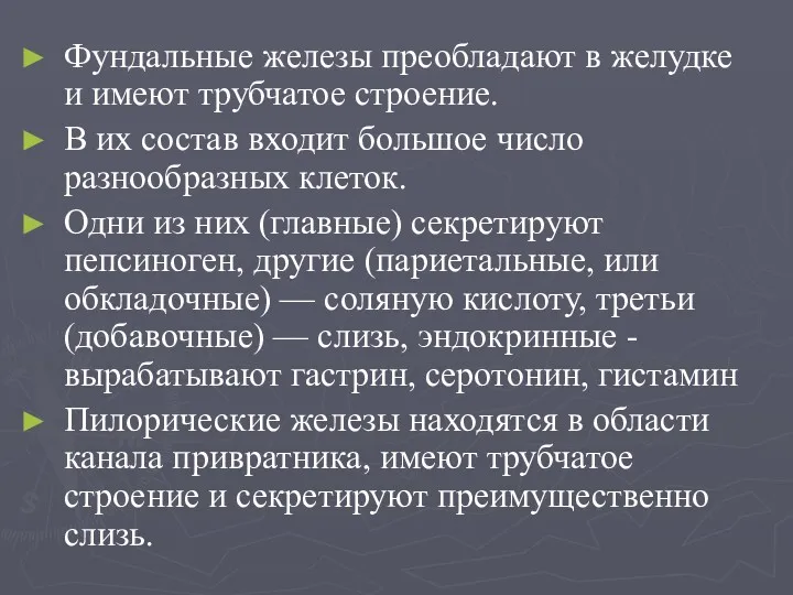 Фундальные железы преобладают в желудке и имеют трубчатое строение. В