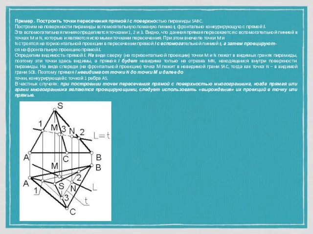 Пример . Построить точки пересечения прямой l с поверхностью пирамиды