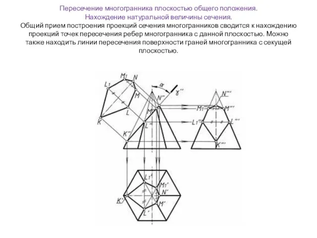 Пересечение многогранника плоскостью общего положения. Нахождение натуральной величины сечения. Общий