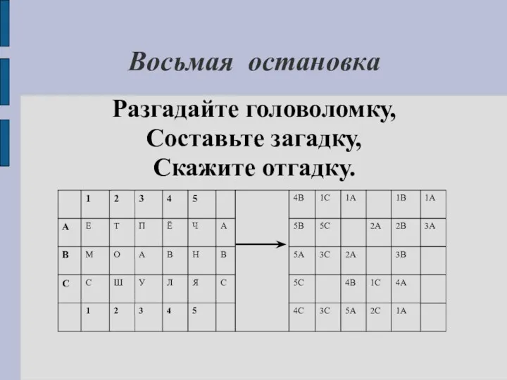 Восьмая остановка Разгадайте головоломку, Составьте загадку, Скажите отгадку.