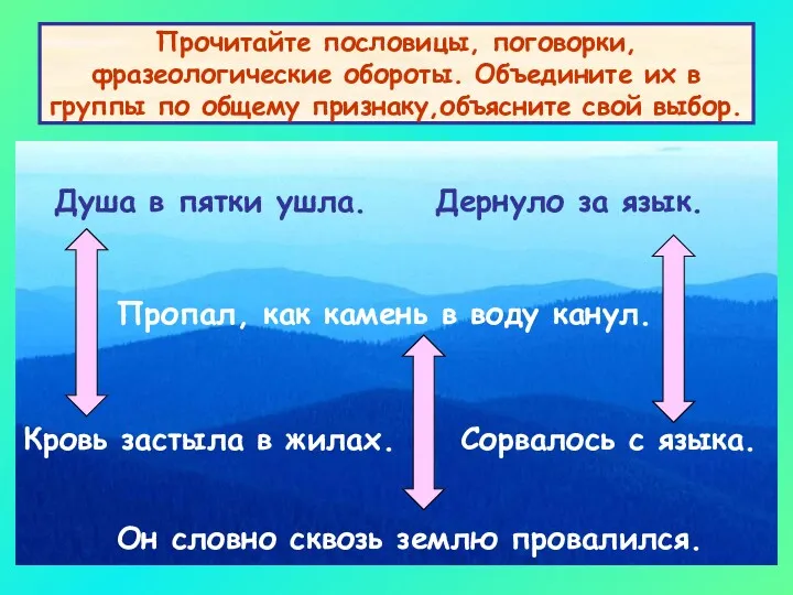 Прочитайте пословицы, поговорки, фразеологические обороты. Объедините их в группы по