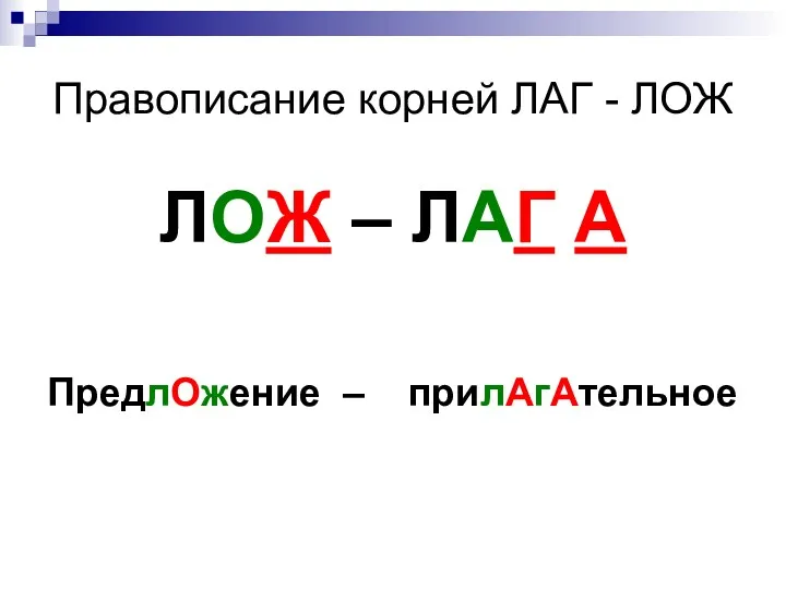 Правописание корней ЛАГ - ЛОЖ ЛОЖ – ЛАГ А ПредлОжение – прилАгАтельное