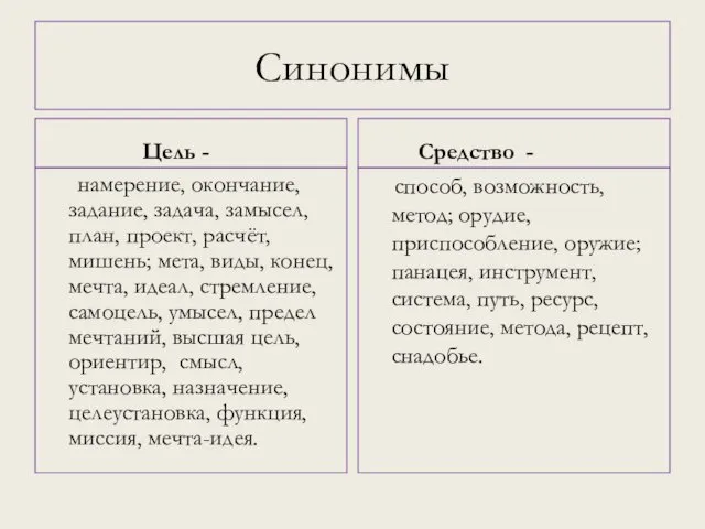 Цель - Средство - способ, возможность, метод; орудие, приспособление, оружие;