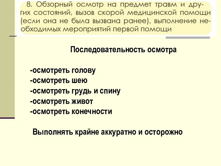 Последовательность осмотра осмотреть голову осмотреть шею осмотреть грудь и спину