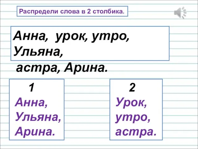 Распредели слова в 2 столбика. Анна, урок, утро, Ульяна, астра, Арина. 1 Анна,