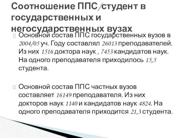 Основной состав ППС государственных вузов в 2004/05 уч. Году составлял 26013 преподавателей. Из