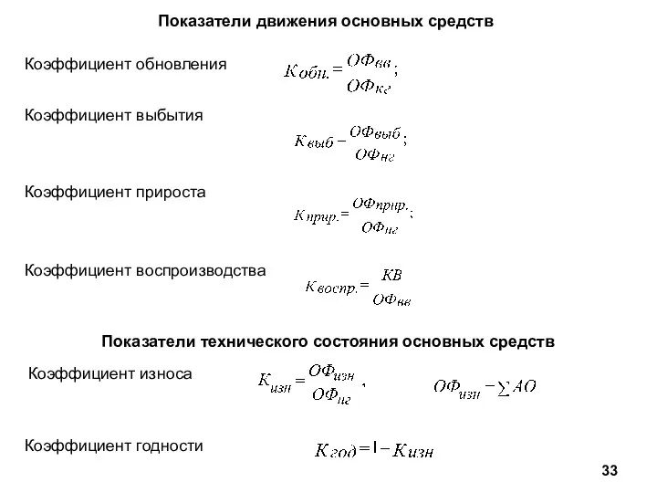 Показатели движения основных средств Коэффициент обновления Коэффициент выбытия Коэффициент прироста