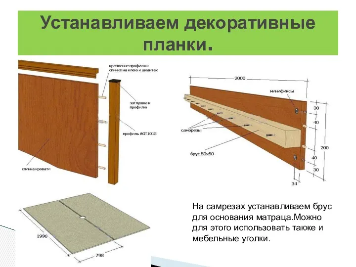 Устанавливаем декоративные планки. На самрезах устанавливаем брус для основания матраца.Можно для этого использовать