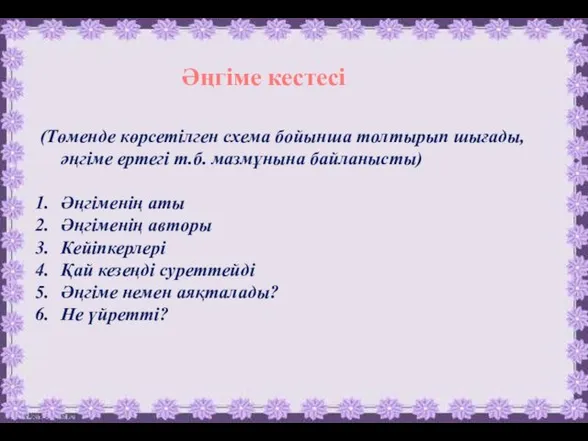 Әңгіме кестесі (Төменде көрсетілген схема бойынша толтырып шығады, әңгіме ертегі т.б. мазмұнына байланысты)