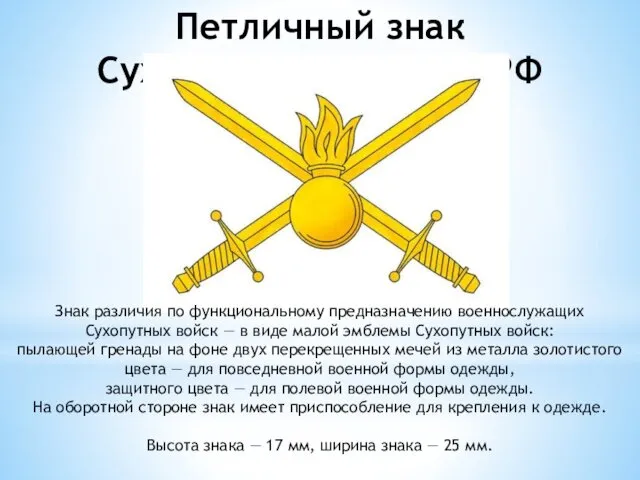 Петличный знак Сухопутных Войск ВС РФ Знак различия по функциональному предназначению военнослужащих Сухопутных