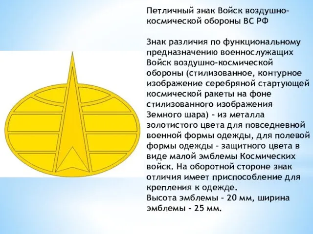 Петличный знак Войск воздушно-космической обороны ВС РФ Знак различия по