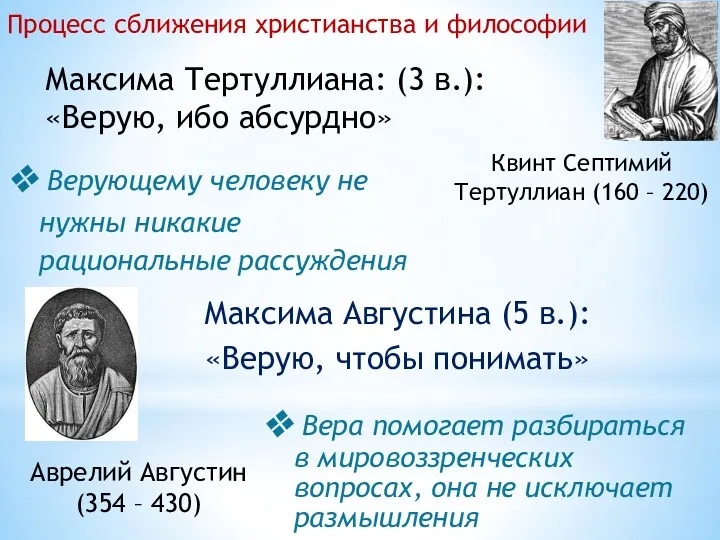 Максима Августина (5 в.): «Верую, чтобы понимать» Квинт Септимий Тертуллиан