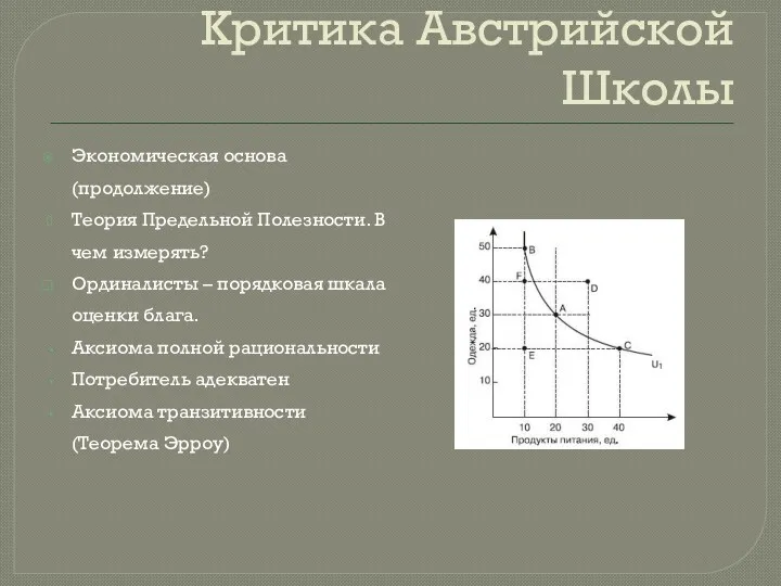 Критика Австрийской Школы Экономическая основа (продолжение) Теория Предельной Полезности. В